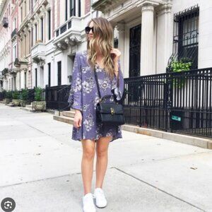 Lush women's small mini dress or tunic with bell sleeves and back cutout floral